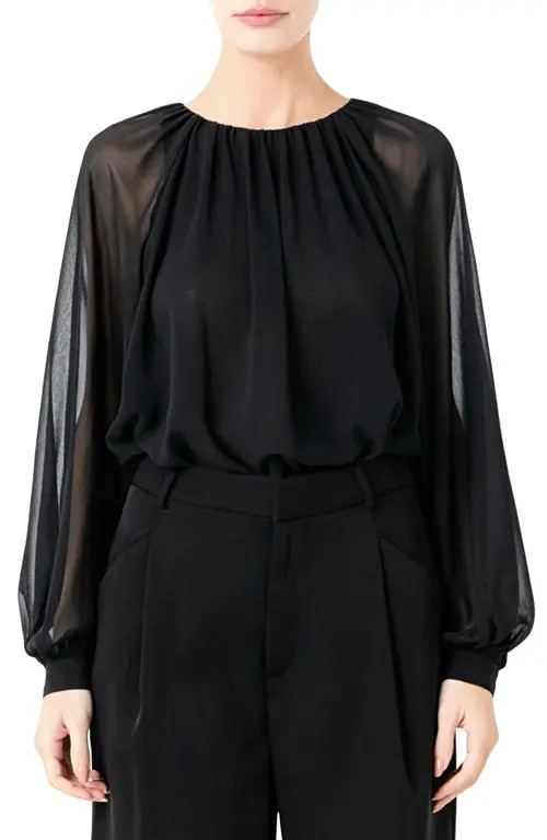Endless Rose Sheer Sleeve Blouson Bodysuit in Black at Nordstrom, Size Small | Nordstrom