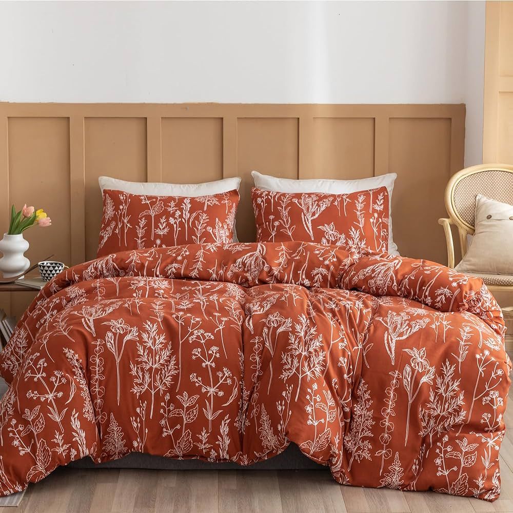 JANZAA 3PCS King Comforter Terracotta Comforter Set Floral Comforter Set White Flower Printed Bed... | Amazon (US)