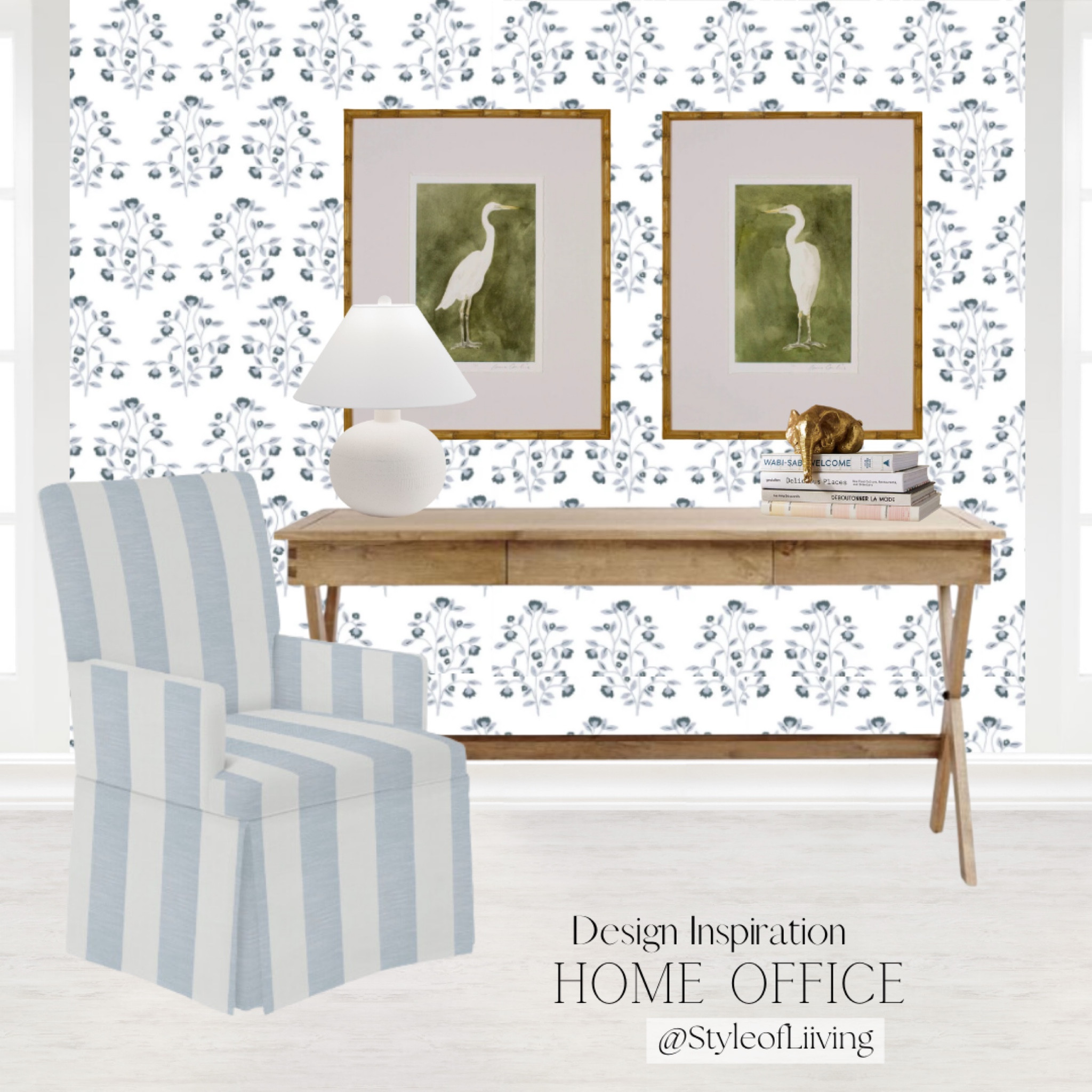Home office interior design inspiration! Writing desk on sale from World Market, blue and white striped upholstered slipcovered armchair, herons framed wall art watercolor paintings, table lamp from TJ Maxx, floral pattern wallpaper. Coastal style. Home decor and furniture.

#LTKStyleTip #LTKHome #LTKFamily