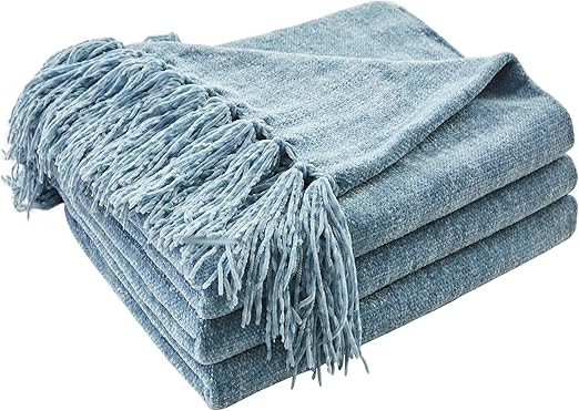 CozeCube Chenille Throw Blanket for Couch, Cozy Plush Fuzzy Decorative Dusty Blue Blanket with Fr... | Amazon (US)