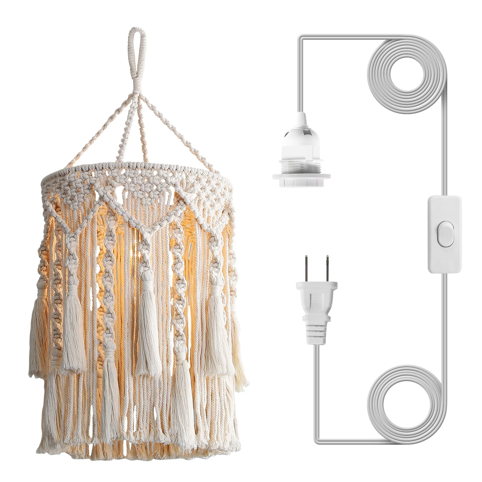 Bioaqua Boho Lamp Shade,Boho Hanging Lamp Handmade Macrame Lamp Shade Plug in Pendant Light,Bohem... | Amazon (US)
