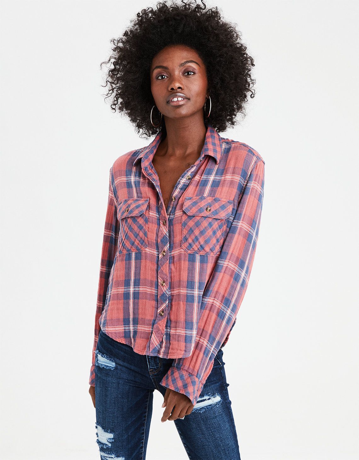 AE Cropped Plaid Popover Blouse, Rust | American Eagle Outfitters (US & CA)