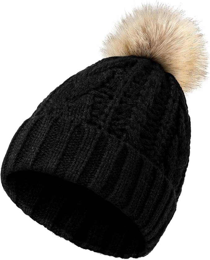 Womens Winter Knitted Beanie Hat with Faux Fur Winter Hats for Women Fur Pom Warm Knit Skull Cap | Amazon (US)