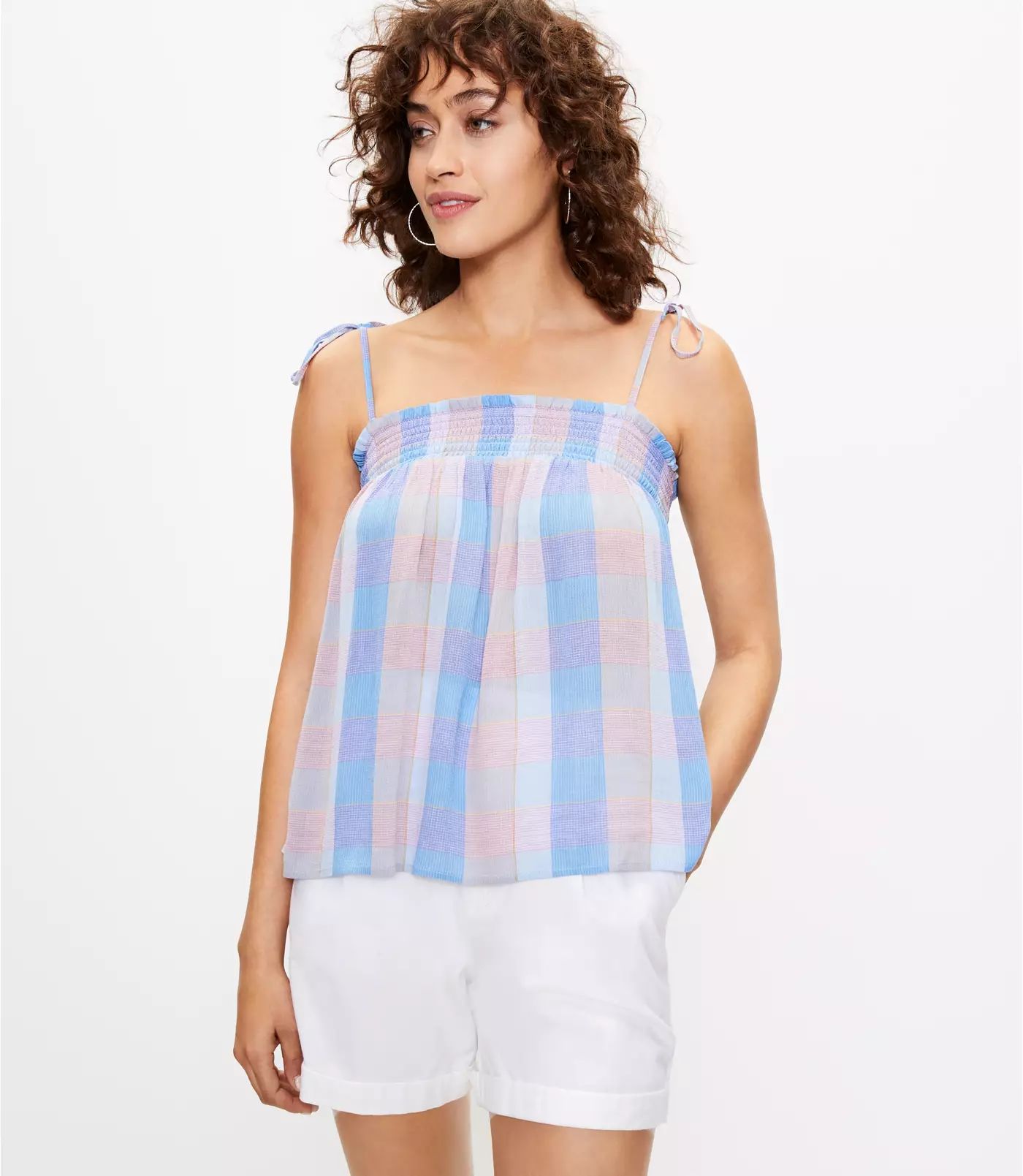 Plaid Smocked Bow Strap Cami | LOFT | LOFT