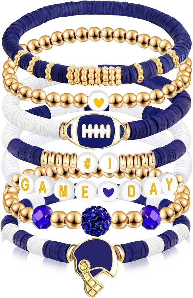 Game Day Bracelet Football Charm Beaded Stretch Bracelet Sports Jewelry for Football Mom Dad Coac... | Amazon (US)