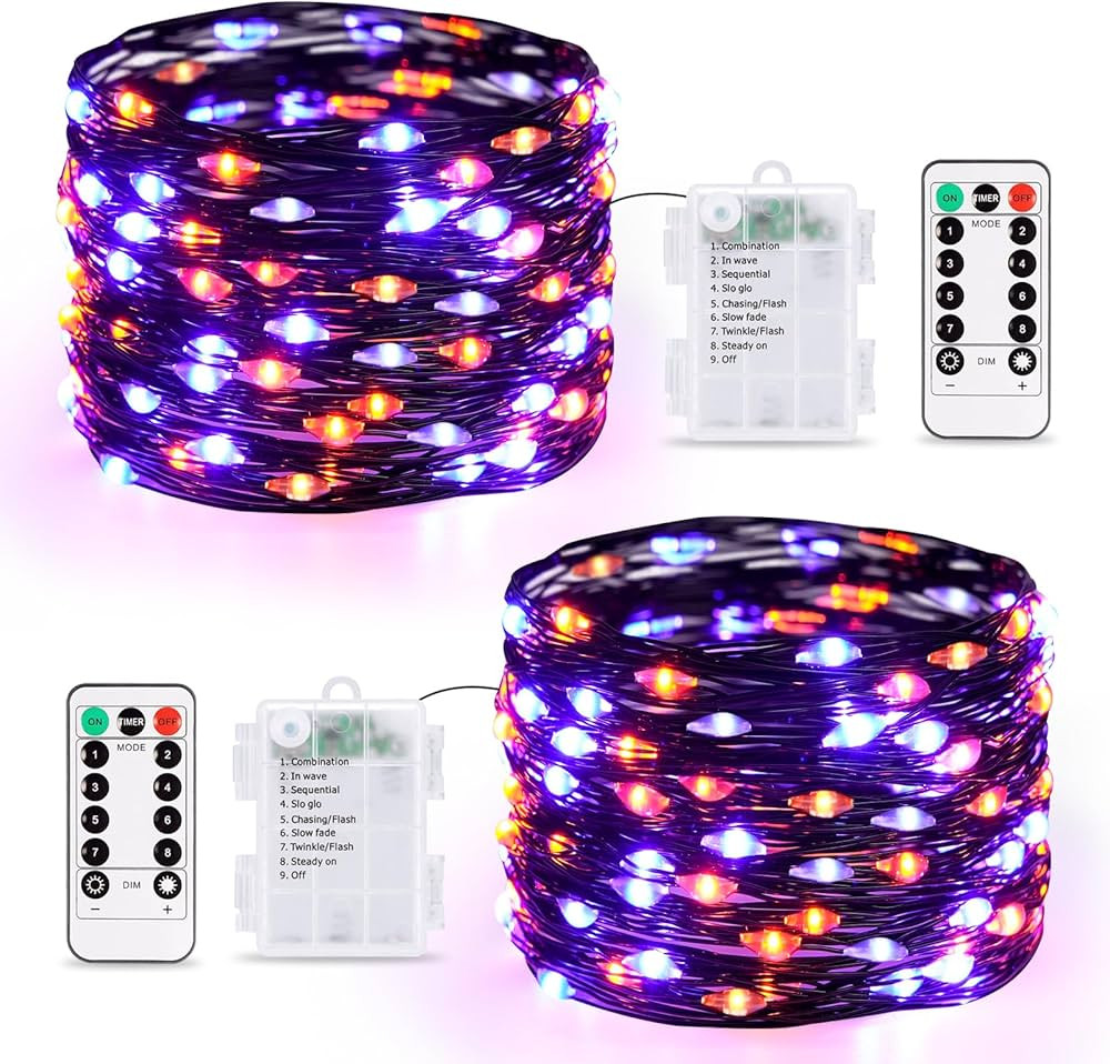JMEXSUSS 2 Pack Orange and Purple Halloween Lights Battery Operated, Total 200 LED 66ft Halloween... | Amazon (US)