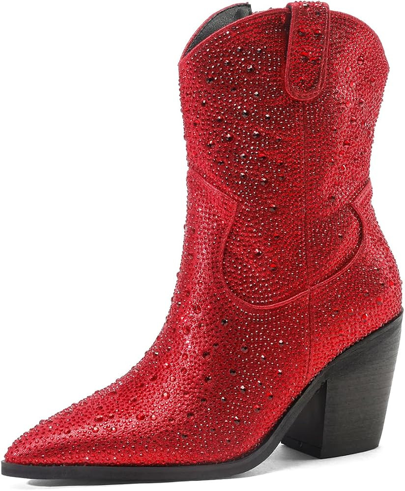 Women's Rhinestone Western Cowboy Boots Fashion Chunky Heel Pointed Toe Glitter Ankle Boots For O... | Amazon (US)