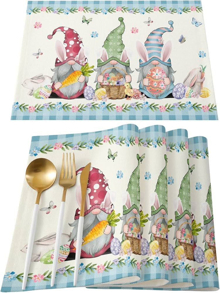 Happy Easter Placemats - Set of 6, Easter Gnome Bunny Table Mats for Easter Decorations, Easter E... | Amazon (US)