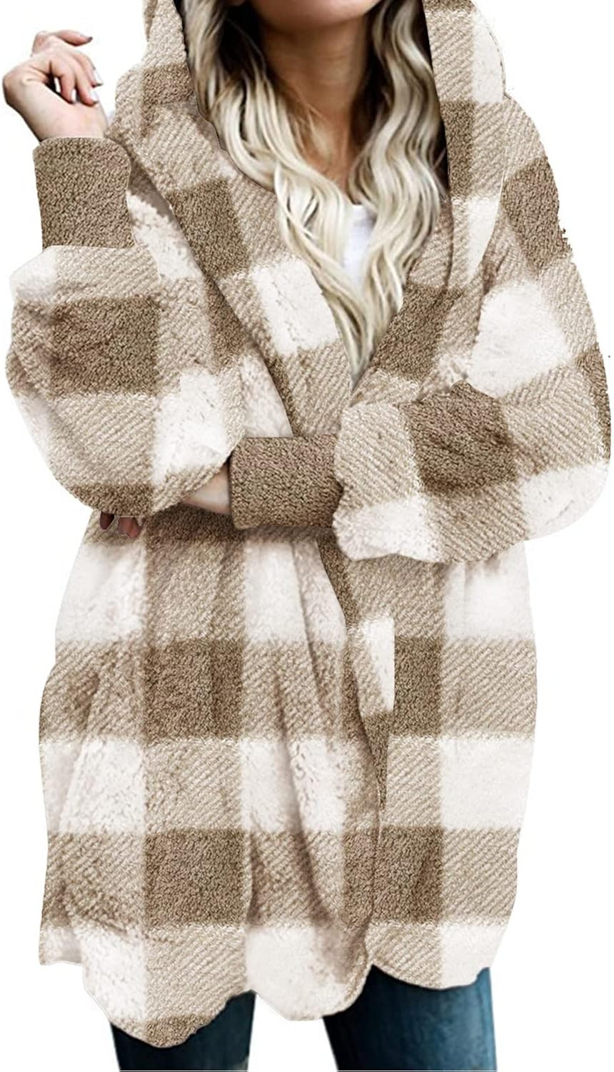 Women Hooded Cardigan Fuzzy Jacket Winter Open Front Fleece Coat Outwear with Pockets | Amazon (US)