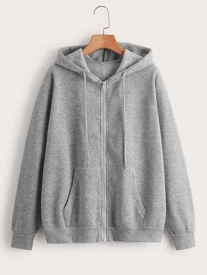 Solid Drawstring Zip Up Drop Shoulder Hoodie | SHEIN