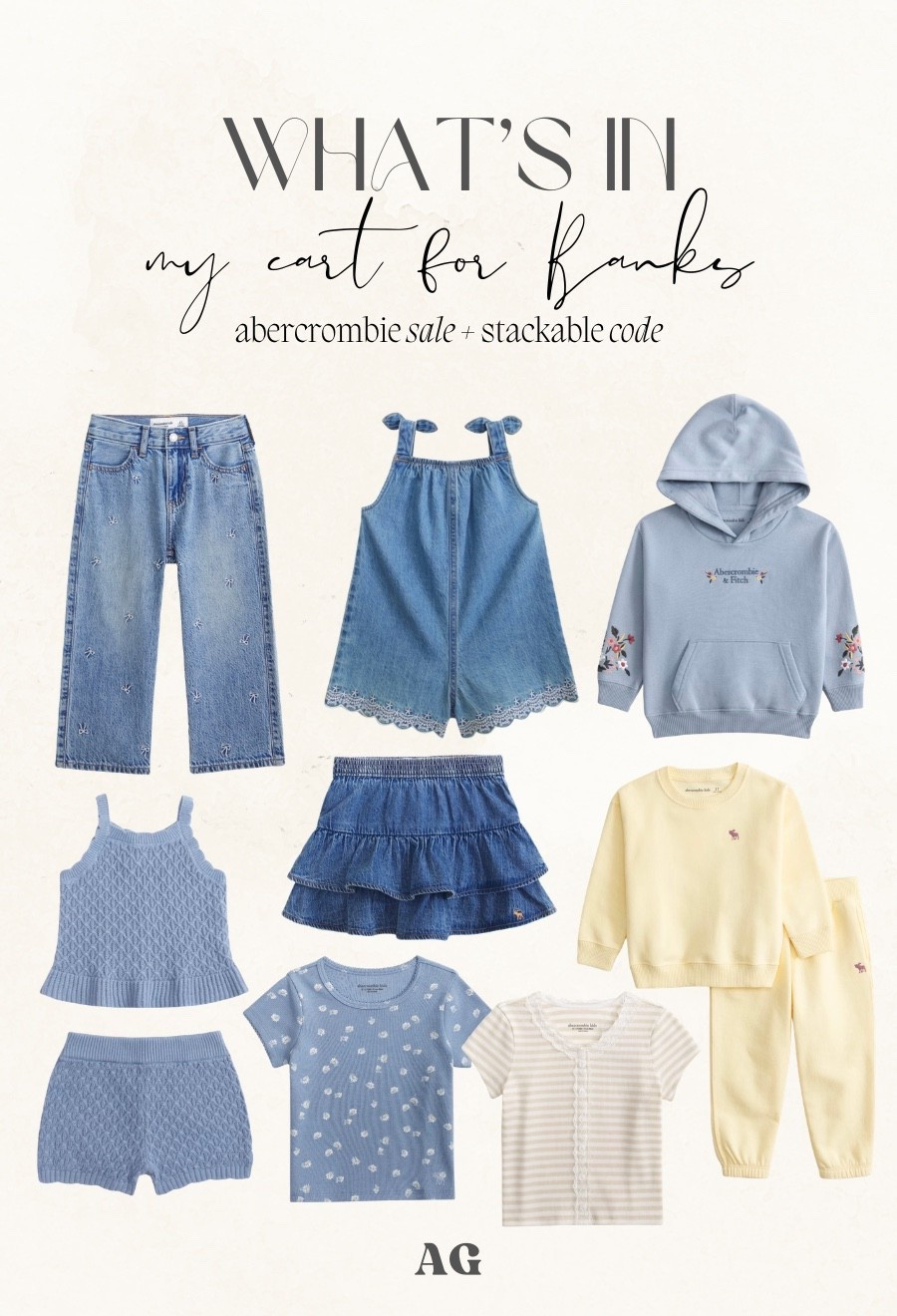 Use stackable code DENIMAF What's in my cart for banks from the Abercrombie sale 
20% off plus an additional 15% stackable with code: DENIMAF ￼

#LTKootd #LTKSaleAlert #LTKKids