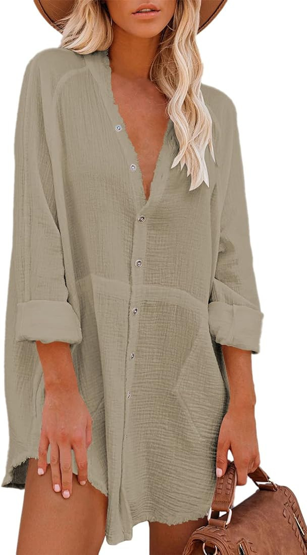 HAPCOPE Women's Button Down Shirt Dress Oversized Long Sleeve Swimsuit Cover Ups Beach Dresses | Amazon (US)