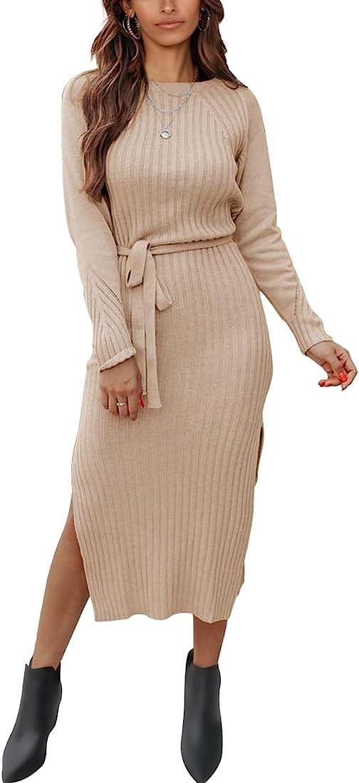 PRETTYGARDEN Women's Long Sleeve Crewneck Two Side Slit Tie Waist Slim Fit Sweater Dress Ribbed Knit | Amazon (US)