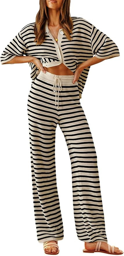 Tankaneo Womens Knit 2 Piece Lounge Sets Striped Short Sleeve Tops and Wide Leg Pants Travel Airp... | Amazon (US)