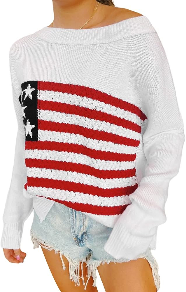 American Flag Sweater for Women Long Sleeve Hollow Out Knit Pullover Casual Loose 4th of July Jum... | Amazon (US)