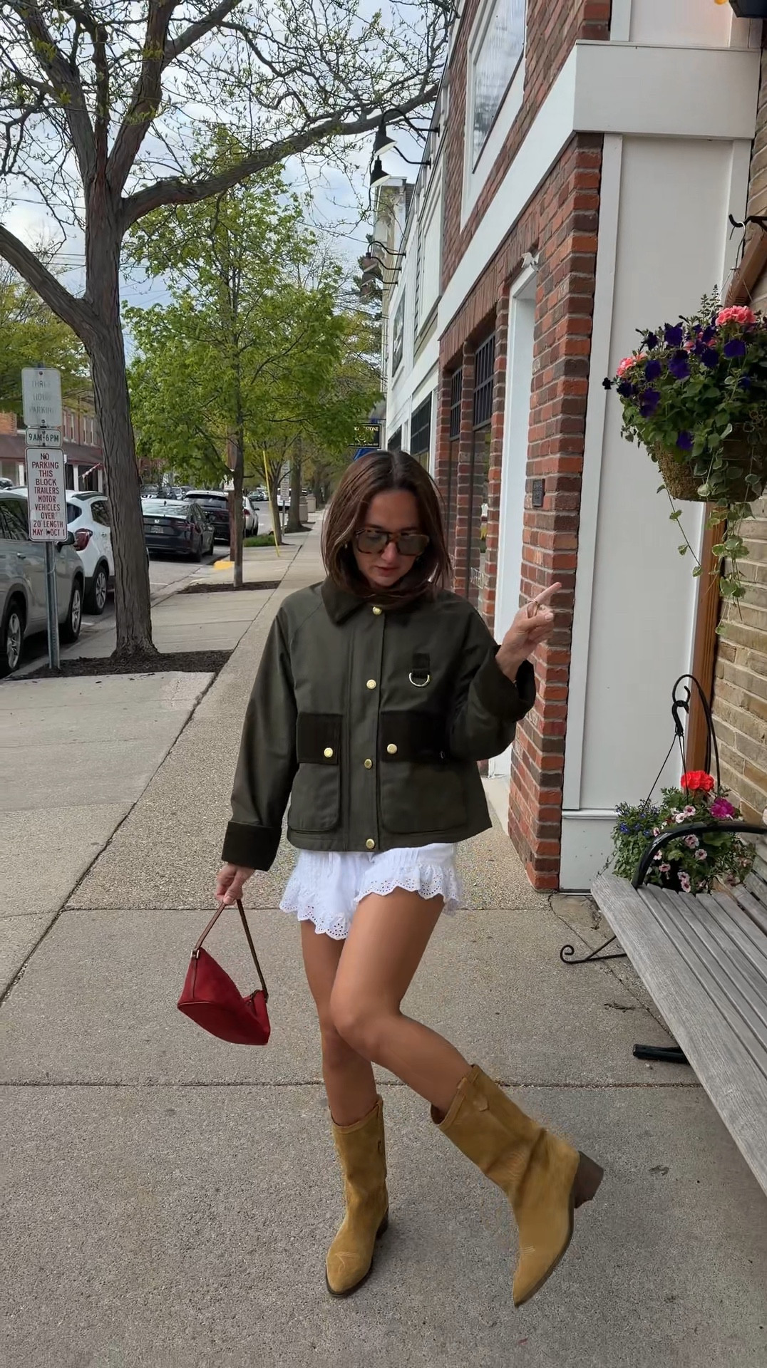 Spring but chilly! Jacket is the Phoebe jacket from Barbour I wear a size 4! XS in shorts!