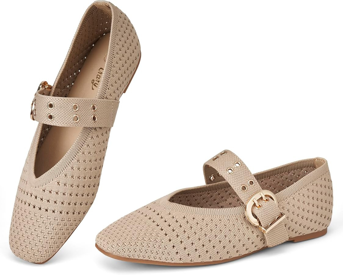 Trary Knit Flats for Women Square Toe Ballet Flats with Buckle Straps Mary Jane Shoes Women Comfo... | Amazon (US)