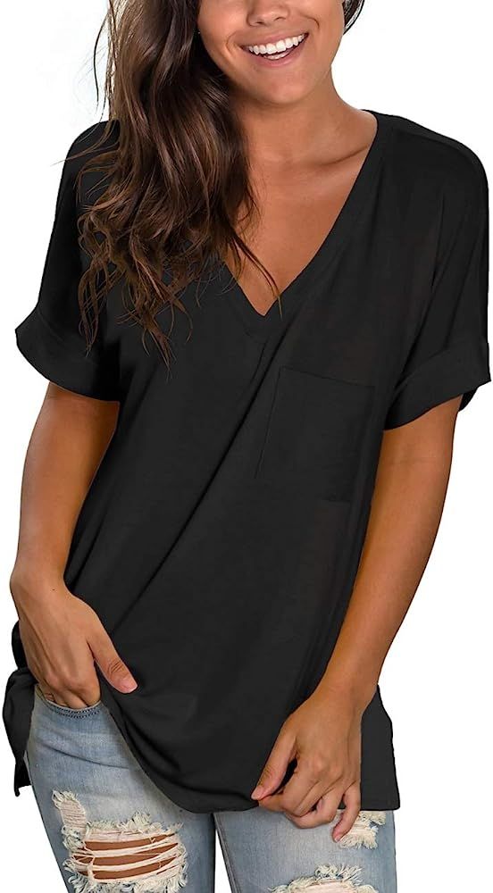 NSQTBA Womens Basic V Neck T Shirts Rolled Short Sleeve Summer Casual Tops with Pocket S-2XL | Amazon (US)