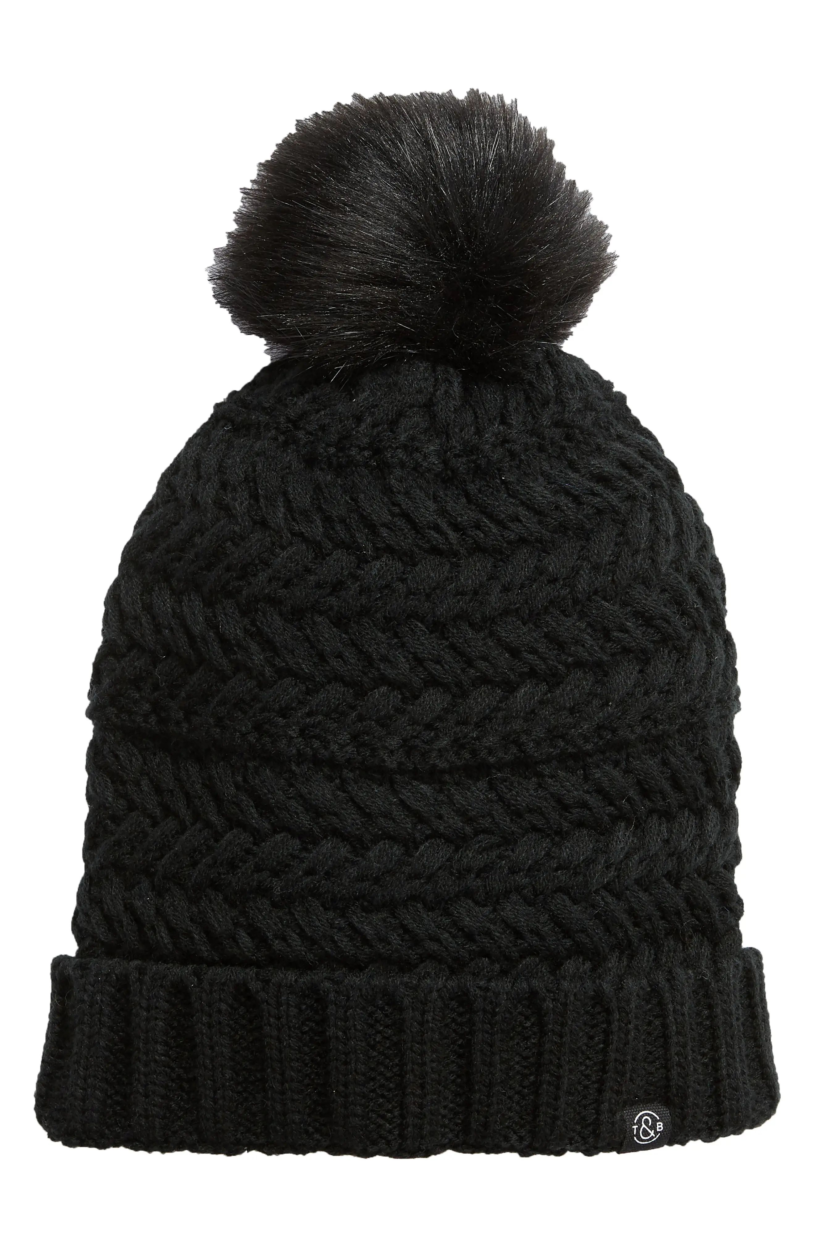 Treasure & Bond Cable Knit Beanie with Faux Fur Pom | Nordstrom