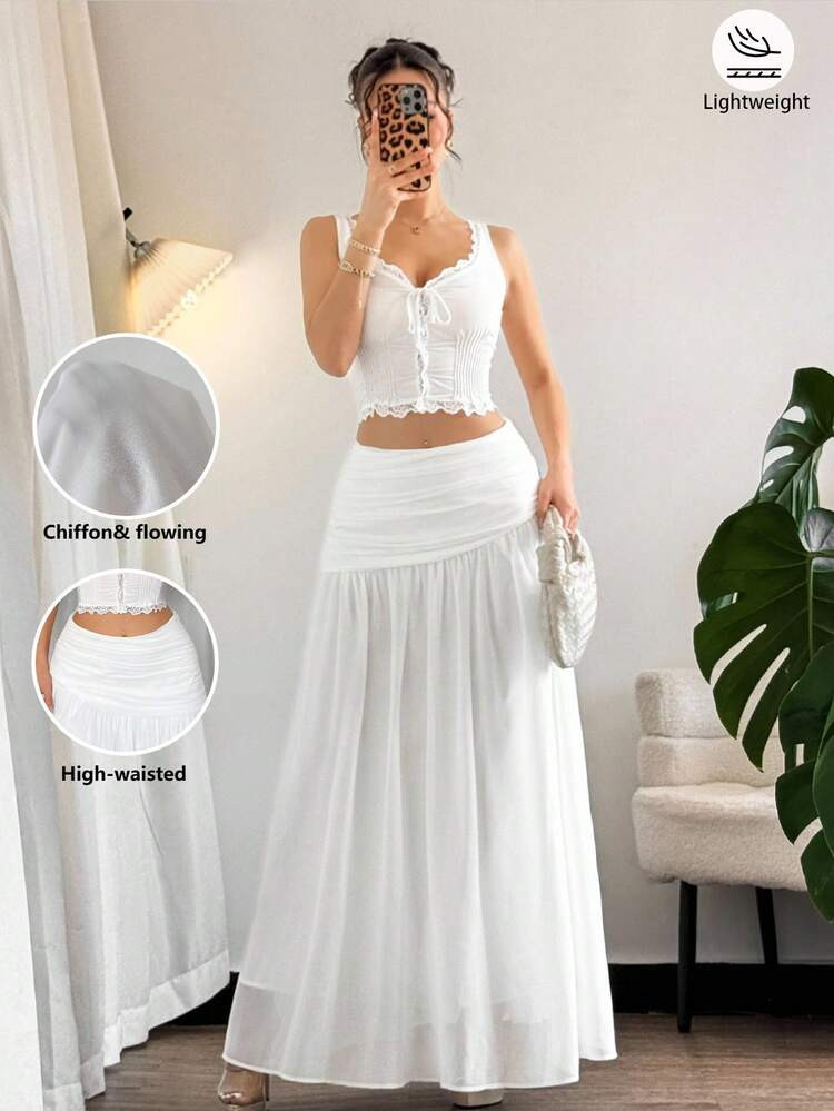 Firerie Women's Elegant Minimalist White Chiffon Asymmetric Zipper Pleated A-Line Long Skirt, Sui... | SHEIN