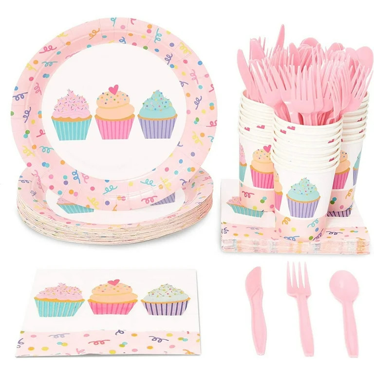 144 Pieces Cupcake Party Supplies, Paper Plates, Napkins, Cups and Plastic Cutlery (Serves 24) | Walmart (US)