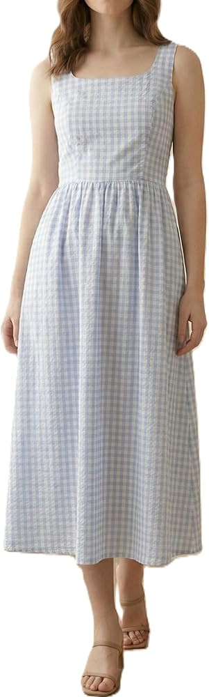Women's Casual Sleeveless Gingham Print Maxi Dress with Pockets | Amazon (US)
