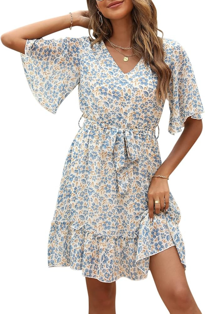 Manydress Women's Summer Floral Print Dress V Neck Casual Mini Boho Swing Dress with Belt MY100 | Amazon (US)