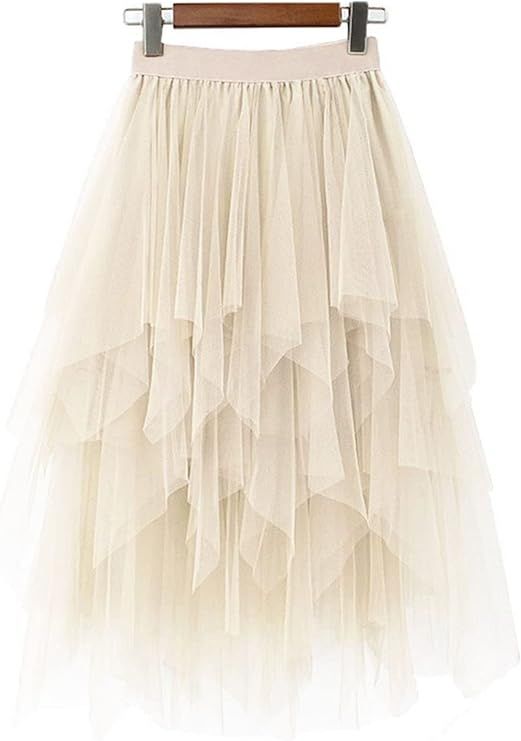 LBKKC Women's Tulle Skirt Formal High Low Asymmetrical Midi Tea-Length Elastic Waist Tutu Skirts | Amazon (US)