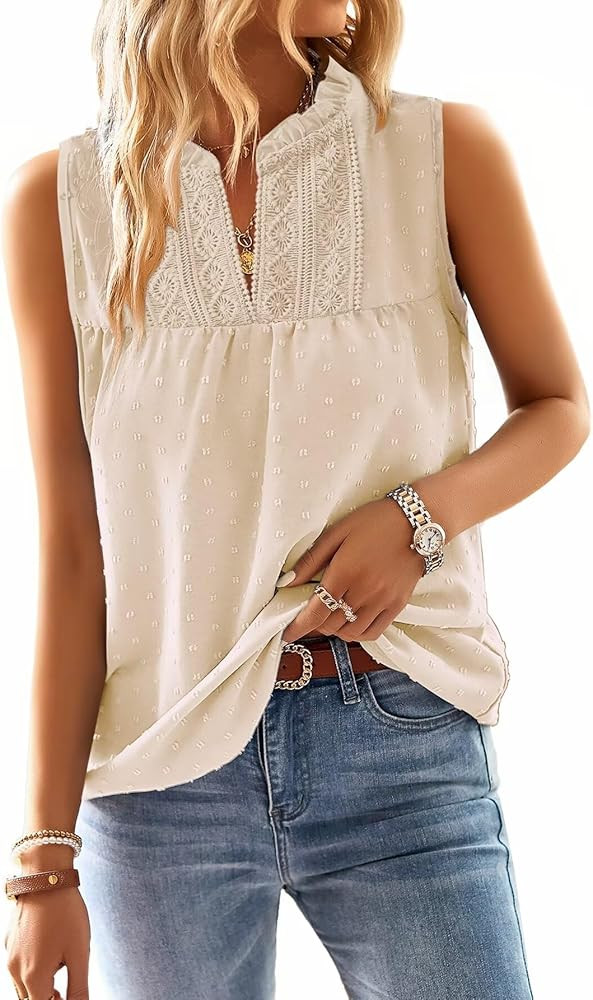 Womens Summer Tops V Neck Blouses for Women Boho Clothing Dressy Casual Flowy Lace Sleeveless Shi... | Amazon (US)