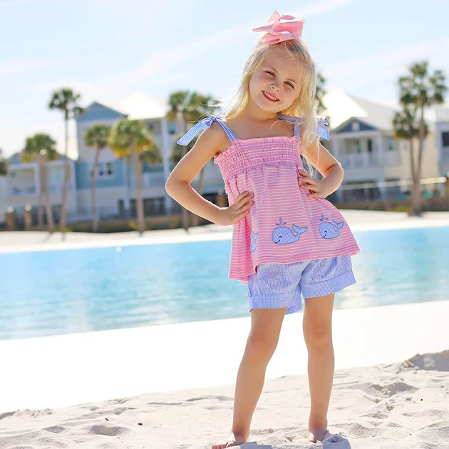 Splashing Whale Pink Tie Strap Short Set | Classic Whimsy