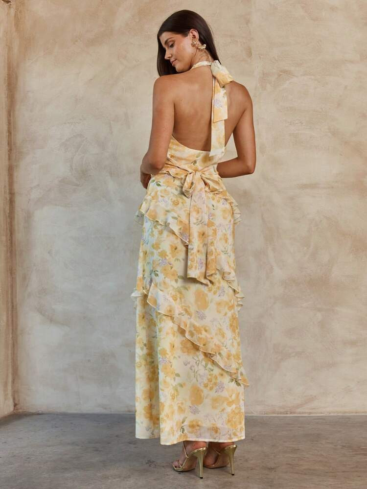 Enchnt Spring/Summer Women's Elegant Floral Print Ruffle Neck Sleeveless Dress,Floral Dress ,Formal Dress,Elegant Dresses For Women ,Beach Dress,Wedding Party Dress | SHEIN