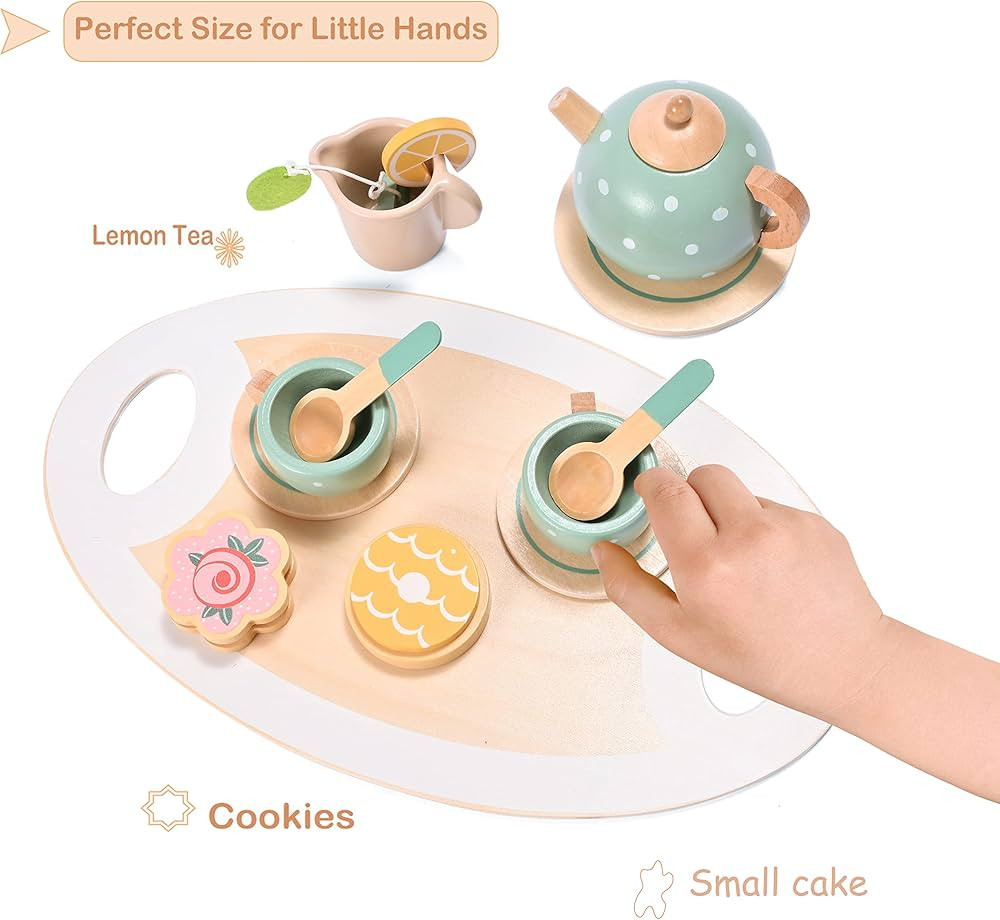 Amazon.com: 15pcs Wooden Tea Set for Little Girls, MONT PLEASANT Wooden Toys, Toddler Tea Set Pla... | Amazon (US)