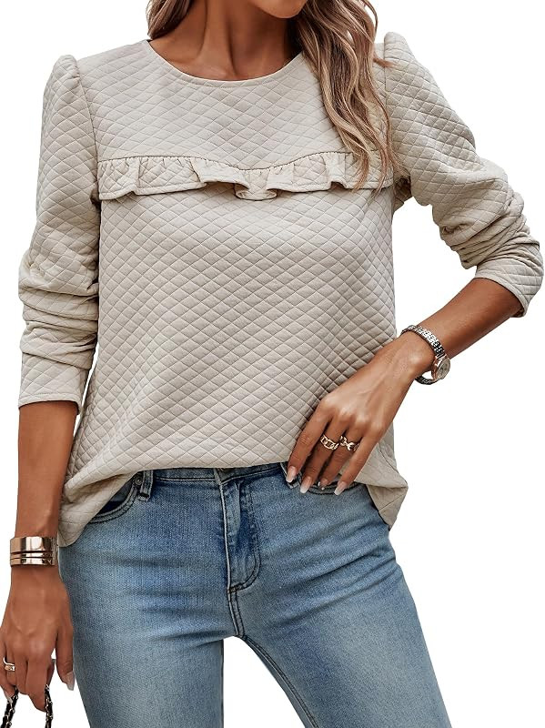 CCTOO Women's Blouses Long Sleeve: Casual Back Button Round Neck Quilted Ruffled Trendy Shirt Top... | Amazon (US)