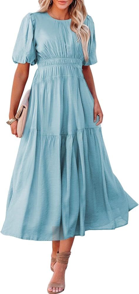 AlvaQ Womens Casual Dresses Summer Crewneck Puff Sleeve Smocked Midi Dress High Waist Ruffle Flow... | Amazon (US)