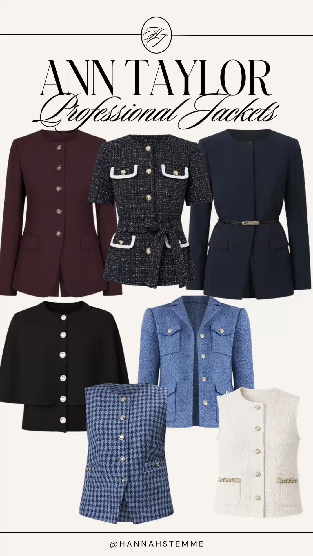 Ann Taylor jackets that make your work outfit look instantly more expensive. ✨ These polished layers are perfect for taking a simple workwear look from basic to executive-level chic—from classic navy and burgundy blazers to tweed jackets, short-sleeve styles, and elevated vests.

Wear them with trousers for the office, over a dress for meetings, or with denim for an elevated business casual look. 🤍

Ann Taylor workwear | professional jackets | women’s blazers | tweed jackets | business casual outfits | office style | fall workwear

#AnnTaylor #WorkwearStyle #OfficeOutfits #BusinessCasual #LTKWorkwear