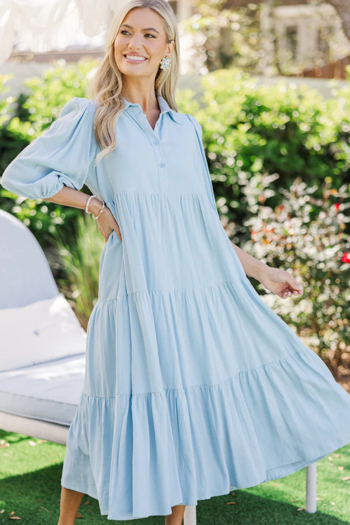 Love Found Light Blue Linen Tiered Midi Dress | The Mint Julep Boutique