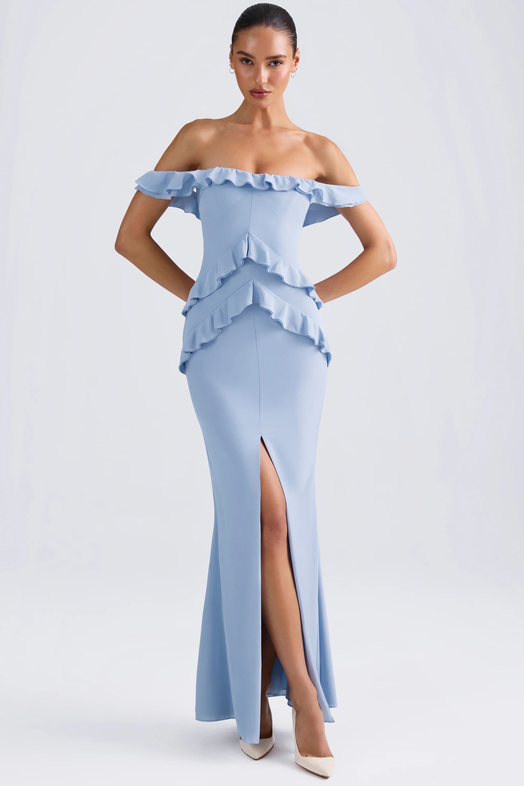 Off-Shoulder Ruffle-Trim Gown in Light Blue | Oh Polly