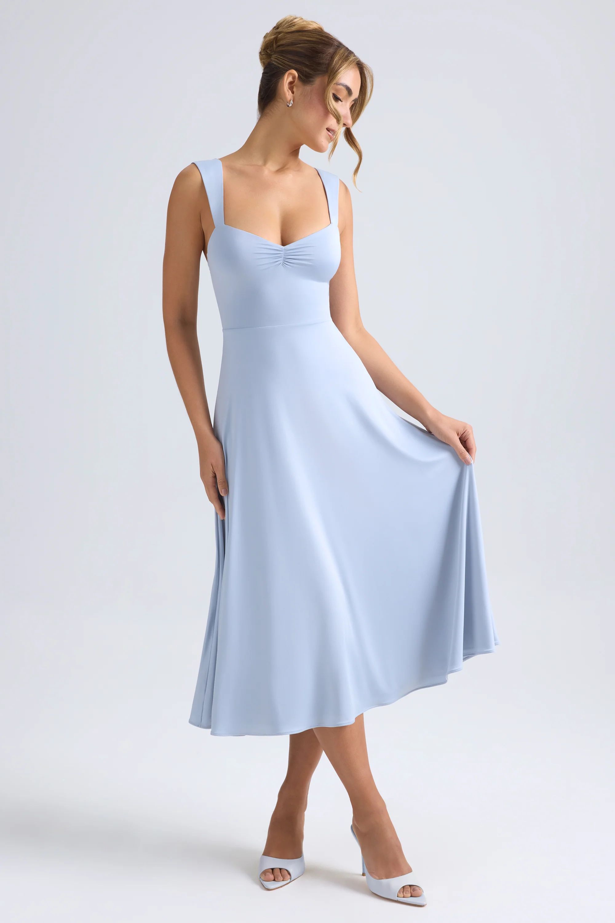Sweetheart-Neck Ruched Midaxi Dress in Light Blue | Oh Polly