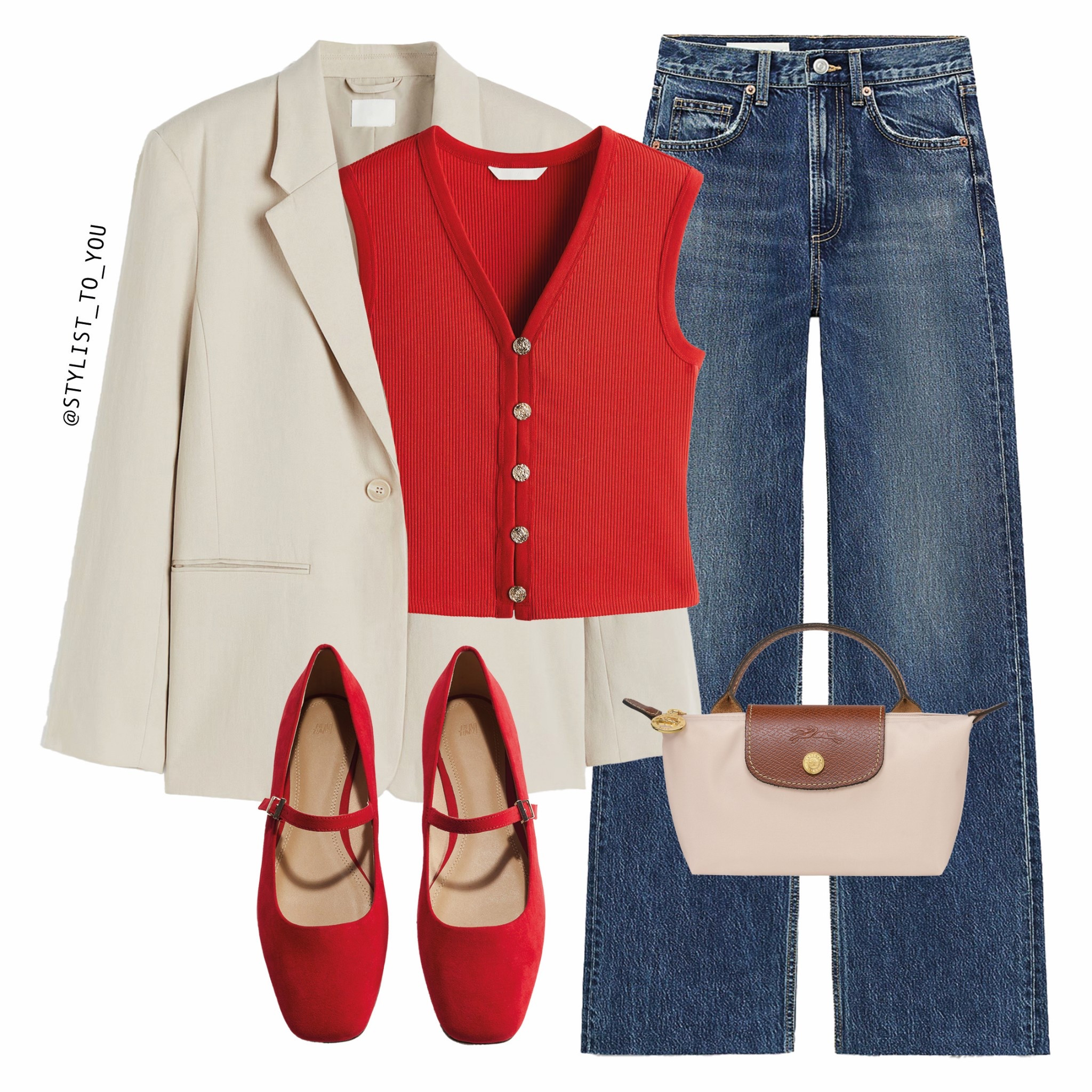Pop of red ❤️

Effortlessly polished with a pop of red—this smart casual outfit features a fitted red knit vest button sleeveless tank top waistcoat, light beige oversized blazer, high-waisted denim jeans, red Mary Jane flats, and a cream classic mini Longchamp tote for a city-ready look with charm and structure. smart casual outfit, red vest, knit top, beige blazer, neutral blazer, structured outfit, polished look, Mary Jane flats, red flats, denim outfit, wide-leg jeans, classic tote, Longchamp bag, street style, city chic, casual blazer outfit, pop of red, timeless style, effortless fashion, minimalist fashion, casual office look, chic daytime look, capsule wardrobe, blazer outfit idea, jeans and blazer, preppy style, French style inspo, retro chic, classy outfit, modern classic, versatile outfit, comfy and stylish, red and neutral outfit, simple and stylish, elevated basics, closet staples, weekend smart casual, spring to fall outfit, city outfit idea, business casual, layered look.

#LTKuk #LTKspring #LTKeurope