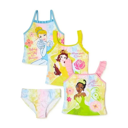 Disney Princess Girls Tankini Tops and Bikini Bottom 4-Piece Swim Set Sizes 4-7 | Walmart (US)