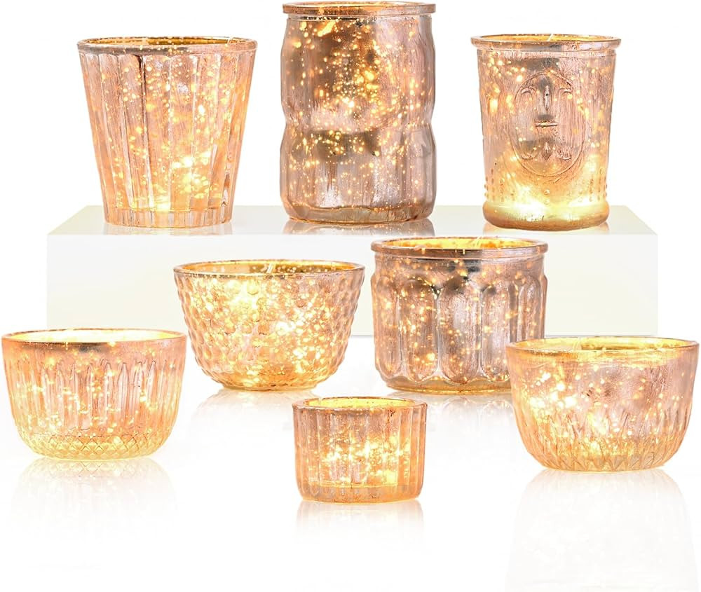 DN DECONATION 8PCS Mercury Glass Candle Holder,Assorted Mercury Glass Votive Candle Holders,Vinta... | Amazon (US)