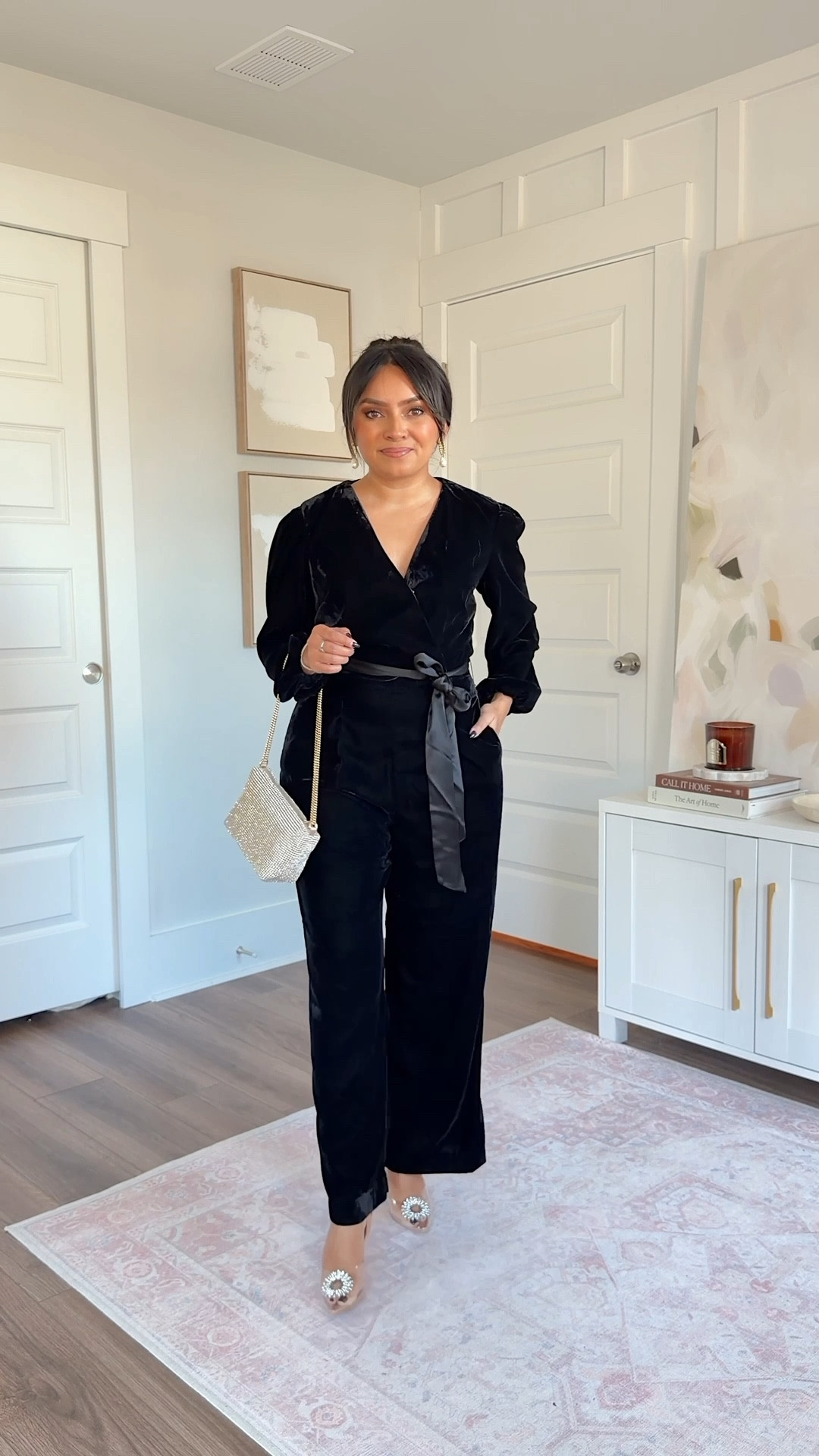 Black jumpsuit size 0 petite TTS
Rhinestone clear heels - old, similar linked

#LTKPetite #LTKGiftGuide #LTKHoliday