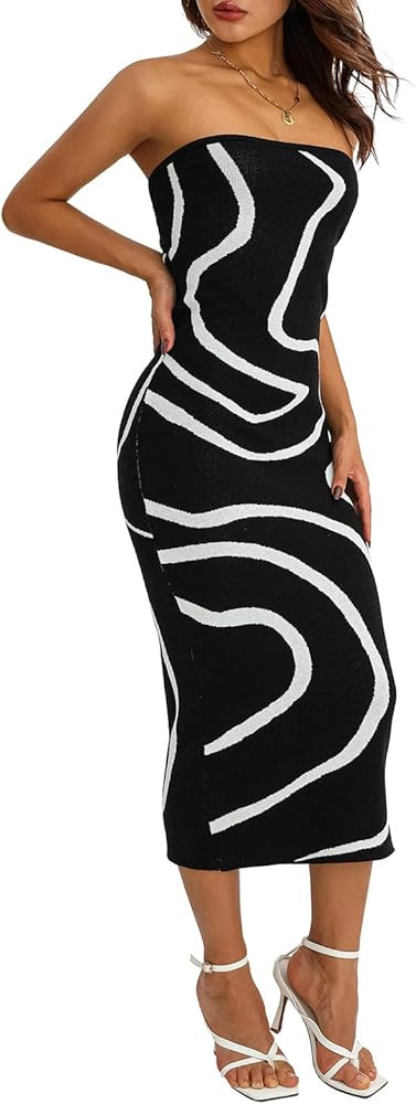 Women Ribbed Knit Tube Long Dresses Strapless Cut Out Waist Bandeau Dress Open Back Bodycon Maxi ... | Amazon (US)