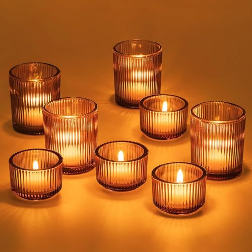 Hewory Glass Tealight Candle Holder: 8 Pcs Amber Votive Candle Holders Tea Lights Candle Holder, Ribbed Tea Light Holders Fall Decorations for Thanksgiving Table Centerpiece Wedding Party Home Decor | Amazon (US)
