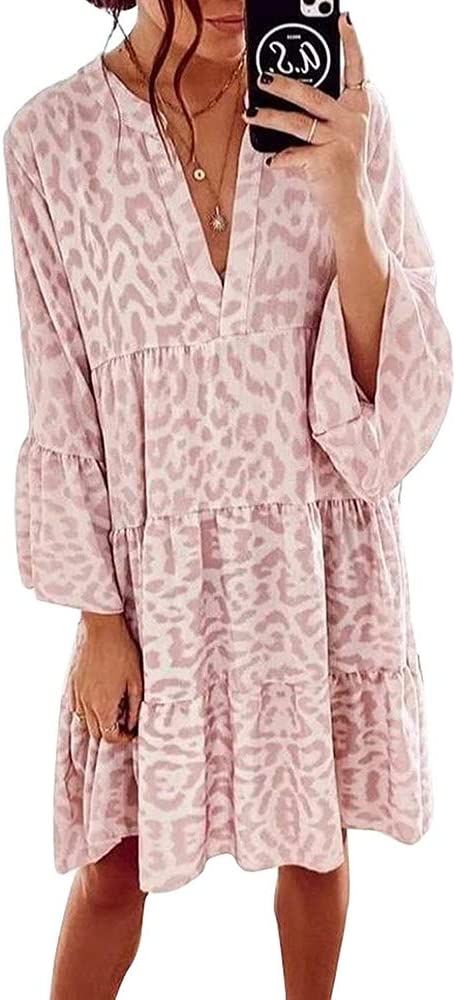 Imysty Womens Boho Floral Printed Babydoll Ruffles Casual Loose Short Mini T-Shirt Dress | Amazon (US)
