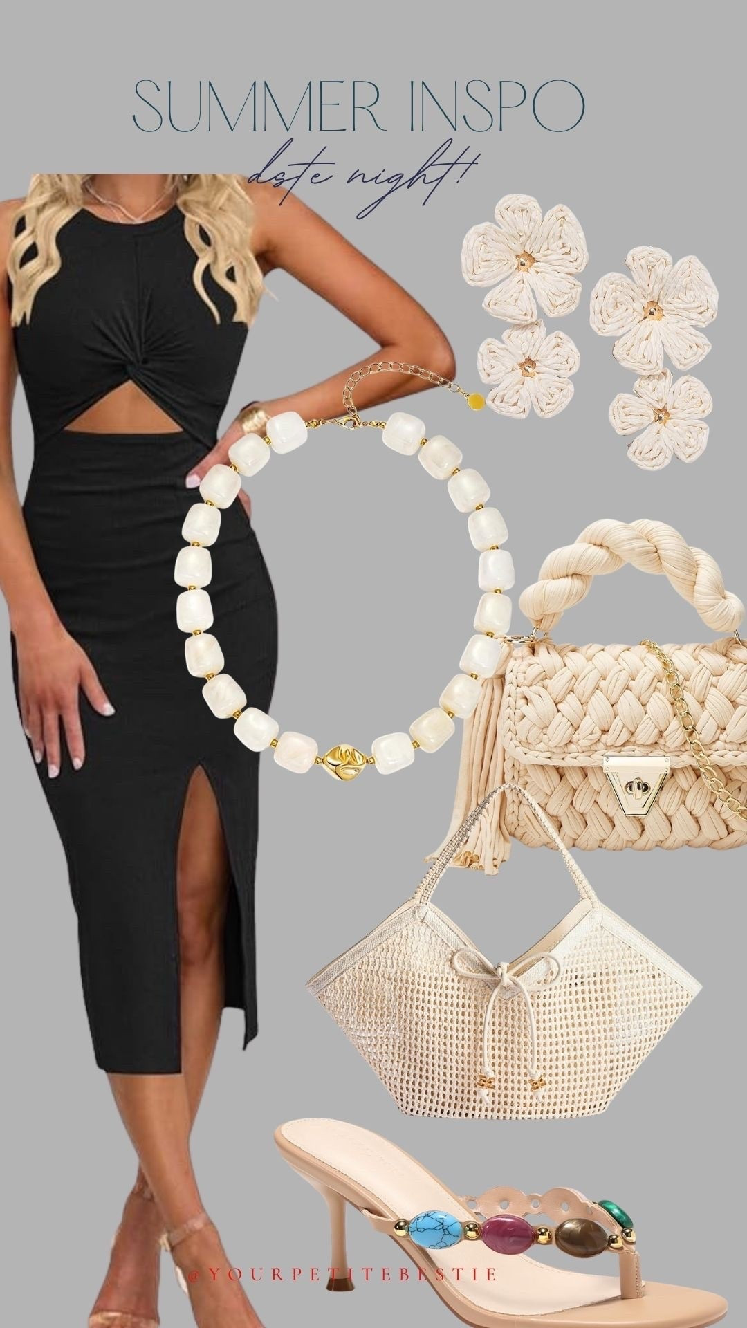 Summer date night inspo! Black cute dress - so flattering!! Accessories that are summer perfection! Also these shoes are in my cart!

#LTKootd #LTKPetite #LTKSaleAlert