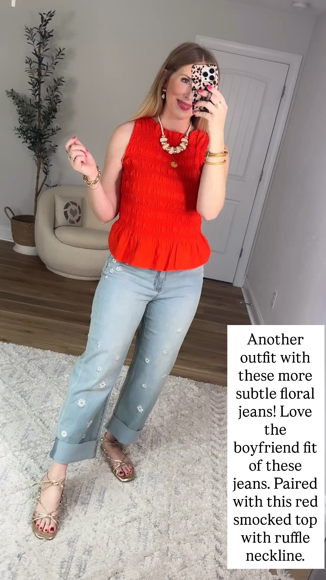 Walmart try on, red smocked top, floral embroidered jeans, subtle floral jeans, Walmart style

#LTKmomlife #LTKootd