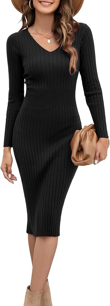 Womens Midi Sweater Dress Long Sleeve V Neck Bodycon Fall Dresses 2023 Casual Knee Length Ladies ... | Amazon (US)