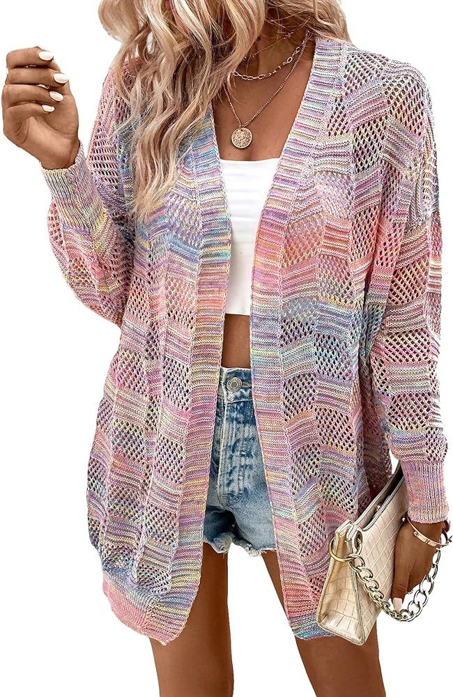 SHENHE Women's Loose Fit Open Front Colorful Space Dye Drop Shoulder Cardigan Sweater | Amazon (US)
