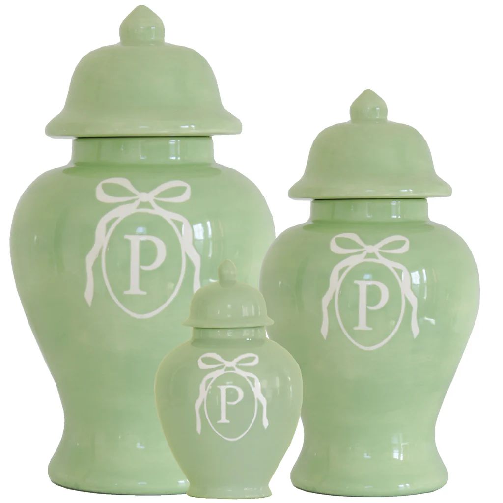 Monogrammed Bow Ginger Jars in Cabbage Patch Green for Lo Home x Veronika's Blushing | Lo Home by Lauren Haskell Designs